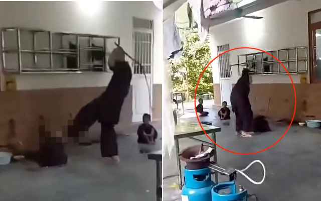 Hình ảnh người đàn ông mặc áo nâu sòng đánh đập cháu bé gây phẫn nộ. Ảnh cắt từ clip