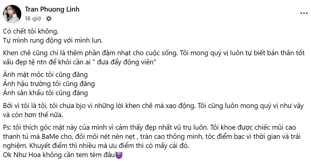 Chia sẻ mới của Phương Linh trên trang cá nhân