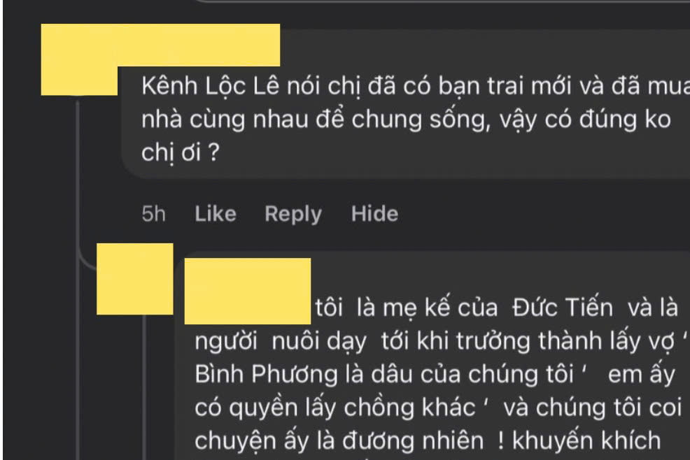 Trong bài đăng, cô còn đính kèm bình luận của mẹ kế diễn viên Đức Tiến lên tiếng bênh vực mình. Ảnh: FBNV