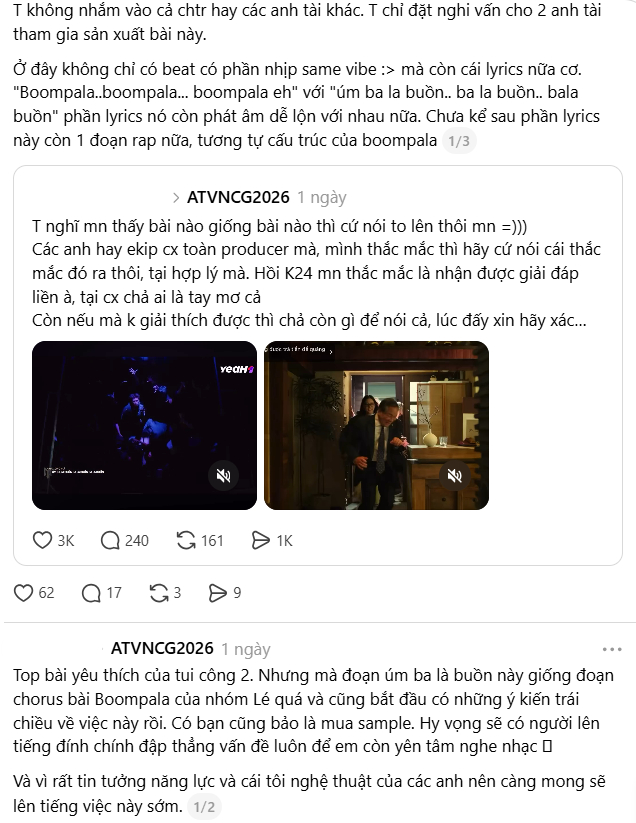 Nhiều bài đăng của khán giả lần lượt xuất hiện, chỉ ra những điểm tương đồng trong cách đi nhịp, nhấn nhá và lặp lại câu hát giữa Mời Buồn Sang Chơi và BOOMPALA