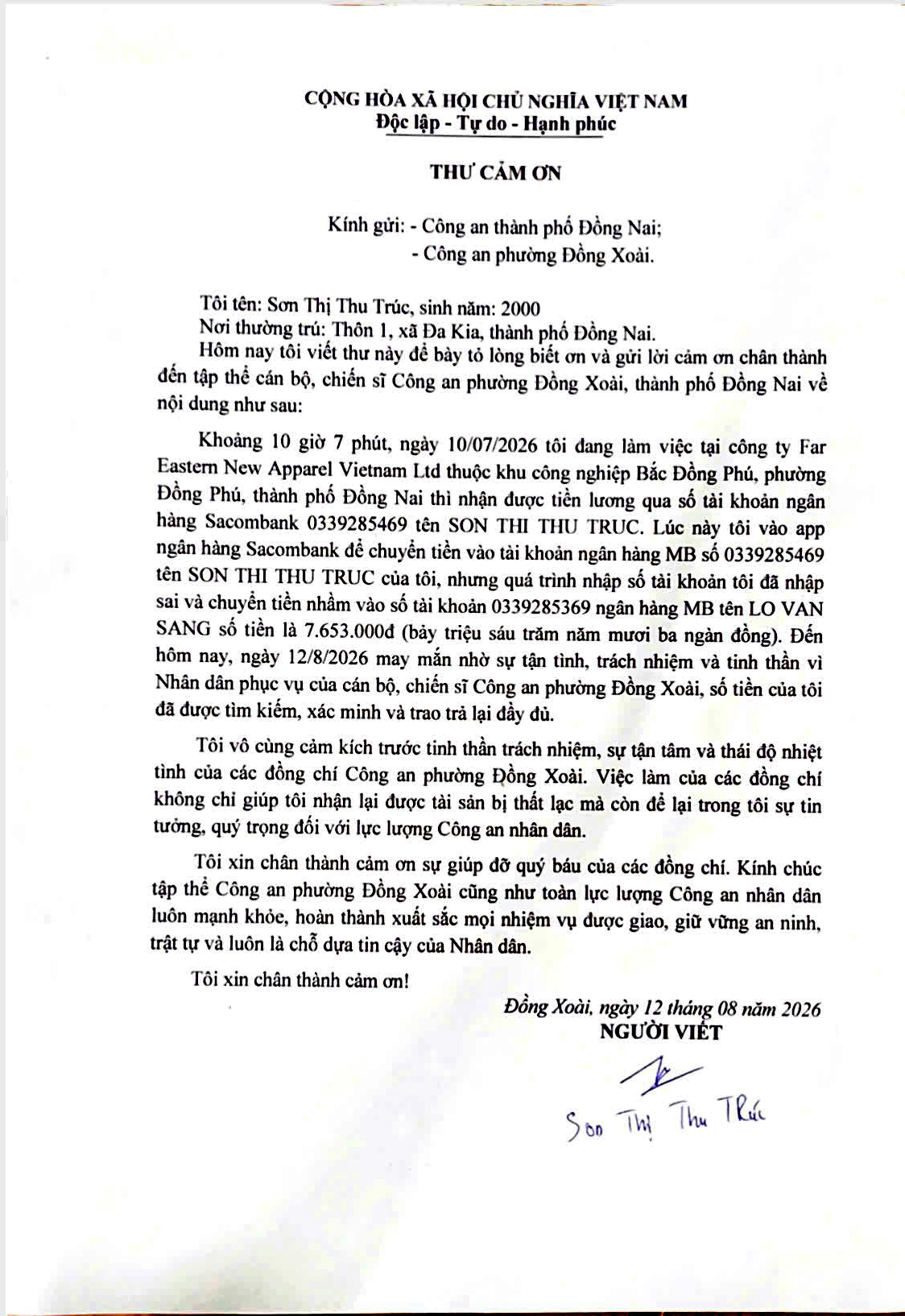 Thư cảm ơn của chị Sơn Thị Thu Trúc gửi Công an thành phố Đồng Nai và Công an phường Đồng Xoài. Ảnh: Công an thành phố Đồng Nai