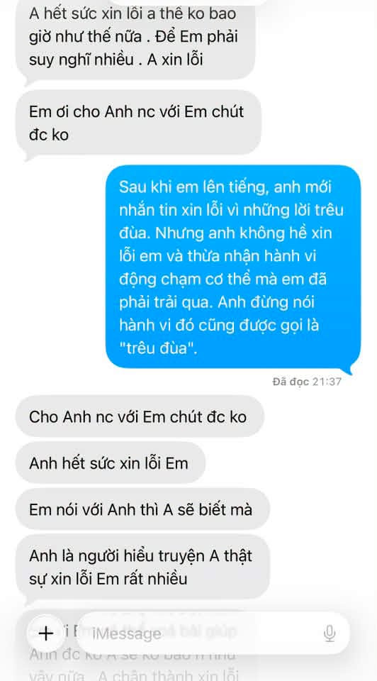 Ngọc Thuỷ còn công khai tin nhắn được cho là từ đàn anh nhắn tin xin lỗi. Tuy nhiên, cô khẳng định sẽ không xoá bài đăng. Ảnh: FBNV