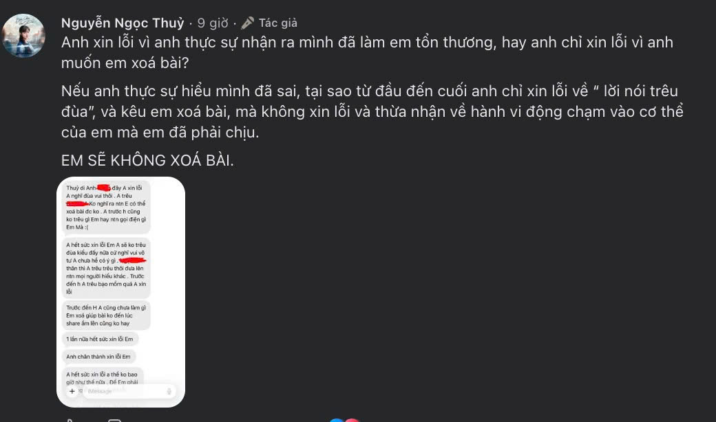Diễn viên giờ vàng VTV tố bị đàn anh đụng chạm cơ thể, tung luôn đoạn tin nhắn xin lỗi: