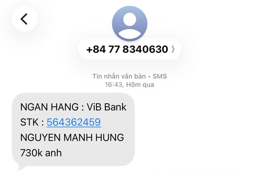 Tin nhắn của đối tượng giả danh shipper gửi khi điện thoại thông báo giao đơn hàng và yêu cầu thanh toán gấp. Ảnh: Công an tỉnh Quảng Trị