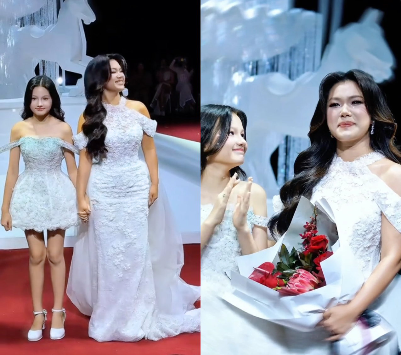 Phương Vy trình diễn 1 thiết kế phom đuôi cá trong khi con gái là một mẫu mini dress tôn được đôi chân thẳng tắp.