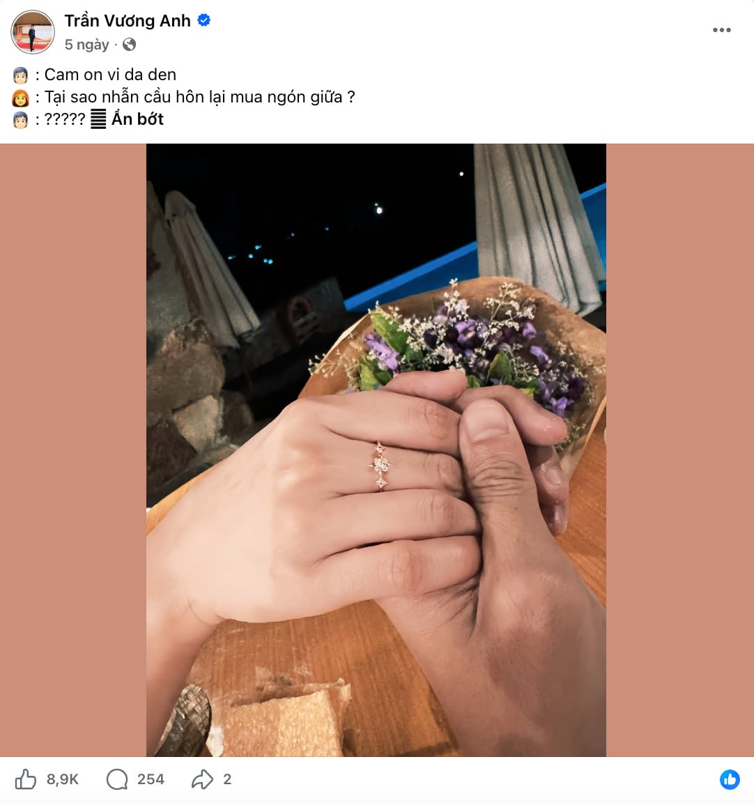Vương Anh đăng ảnh làm rộ lên tin đồn anh sắp lấy vợ. Ảnh: FBNV.