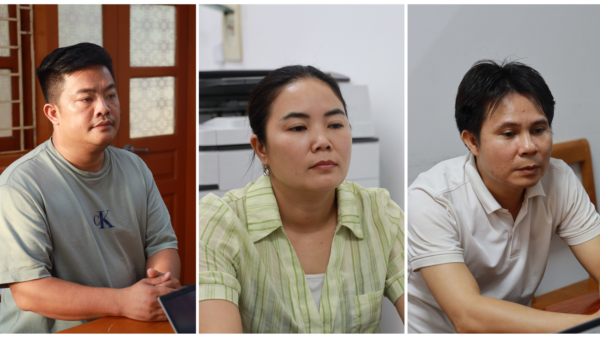 Các bị can (từ trái sang phải): Vũ Hoàng Hải, Bùi Thị Kim Tuyên và Phạm Văn Hà.