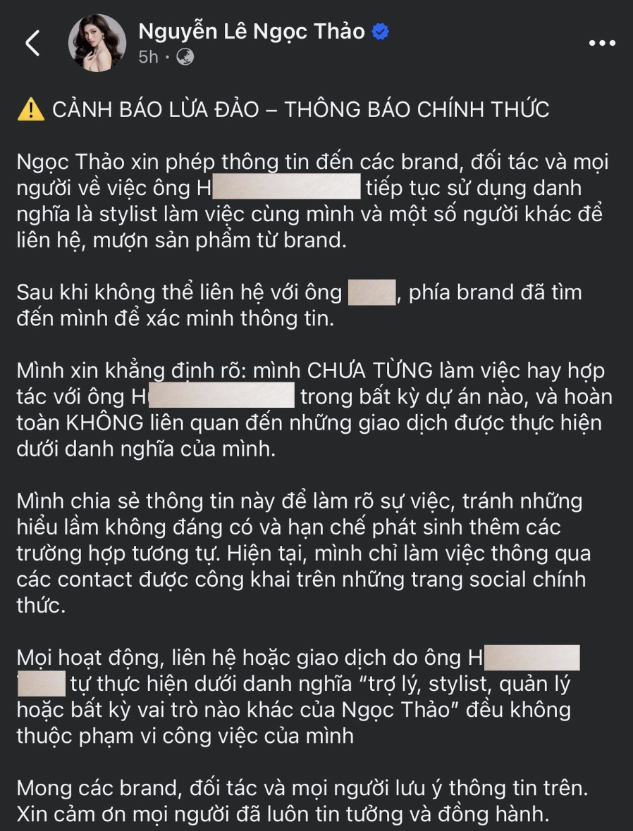 Thông báo khẩn của Á hậu Ngọc Thảo về việc một cá nhân mạo danh stylist.