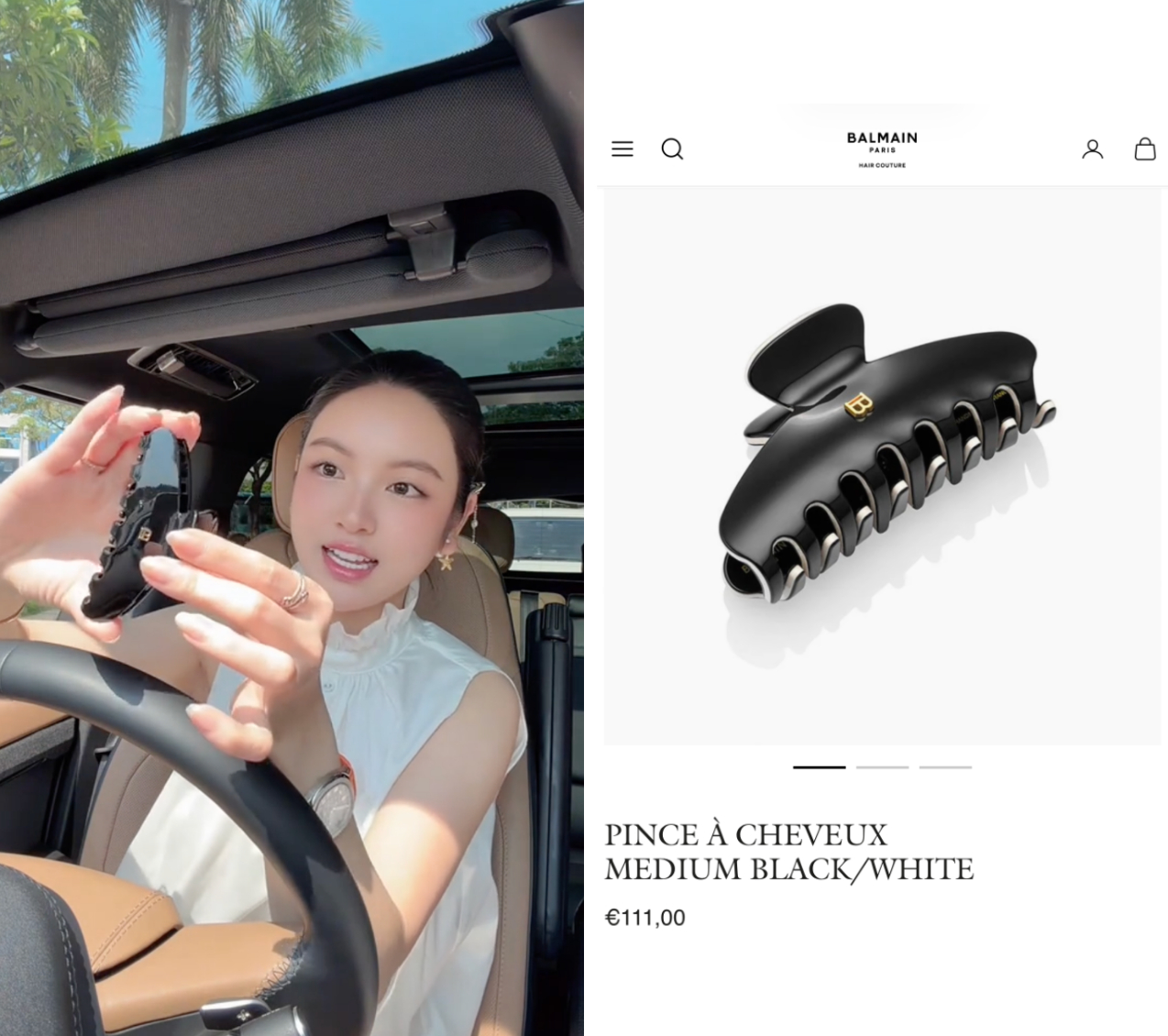 Pince à Cheveux Medium (€111 ~ 3,3 triệu VNĐ) - mẫu kẹp càng cua chế tác thủ công từ cellulose acetate bền bỉ, tạo điểm nhấn với đường viền màu ngà và logo 'B' mạ vàng 18K.