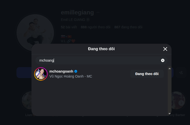 Anh trai và chị dâu Lê Giang Patrik đều theo dõi MC Hoàng Oanh trên Instagram