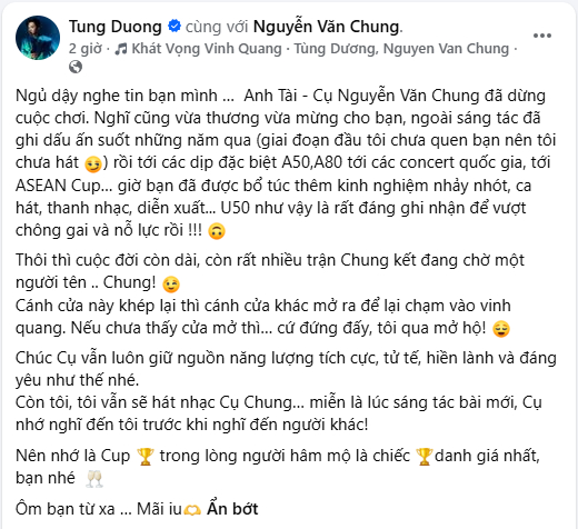Tùng Dương viết ngay dòng trạng thái mới trên trang cá nhân dành cho Nguyễn Văn Chung khi biết tin nam nhạc sĩ bị loại ở Anh Trai Vượt Ngàn Chông Gai 2026