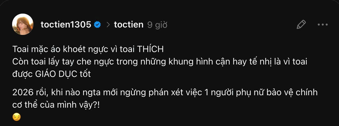 Tóc Tiên có bài đăng lên tiếng bày tỏ quan điểm về chuyện mặc hở và hành động che chắn cơ thể. Ảnh: Chụp màn hình