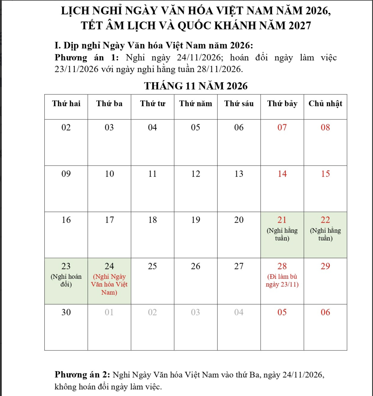 Hai phương án nghỉ Ngày Văn hoá Việt Nam (Ảnh: Báo Chính phủ)
