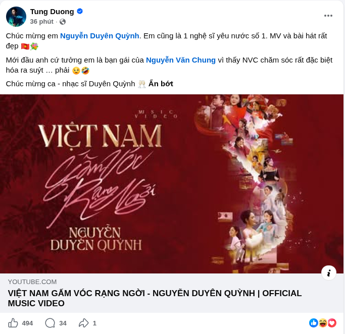 Chia sẻ mới của Tùng Dương trên trang cá nhân về bài hát mới của ca sĩ Duyên Quỳnh