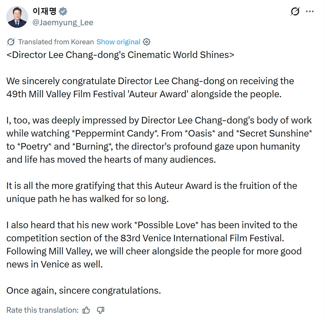 Bài đăng chúc mừng của Tổng thống Hàn Quốc Lee Jae Myung.