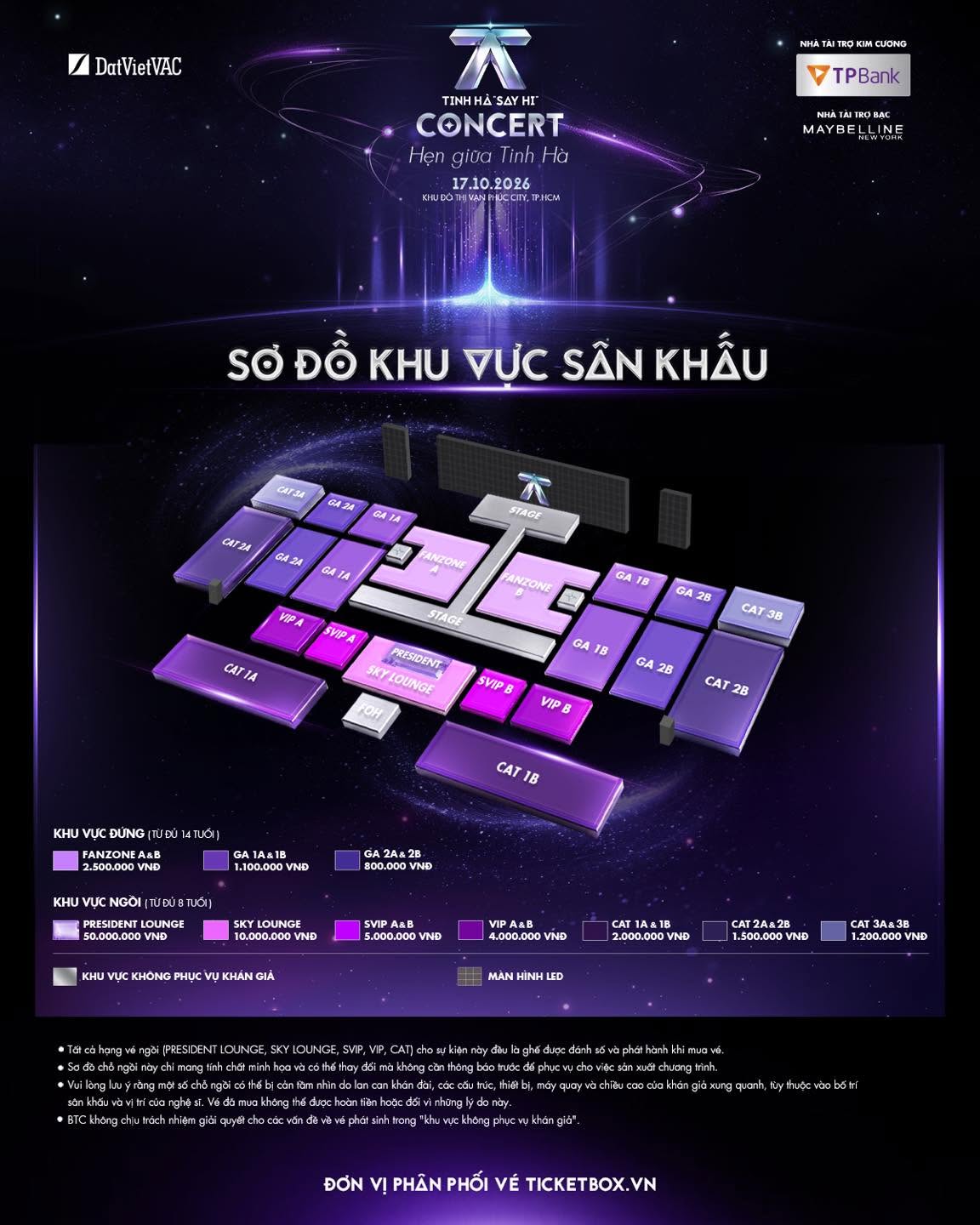 Sơ đồ chỗ ngồi và giá vé từng khu vực của Tinh Hà Say Hi Concert vừa được công bố