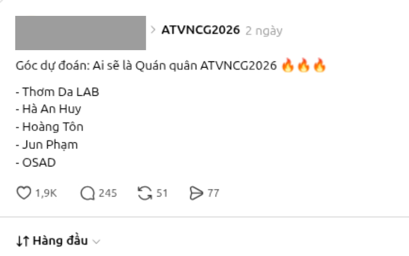Chủ đề bàn luận về vị trí Quán quân của Anh Trai Vượt Ngàn Chông Gai 2026 đang nhận được rất nhiều sự quan tâm 