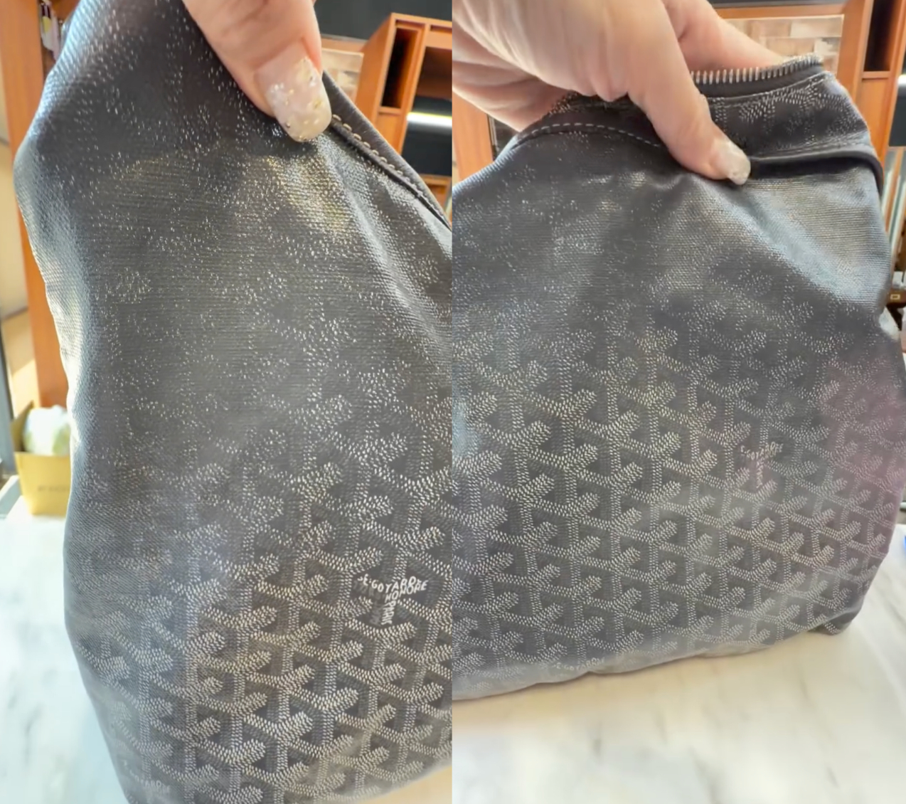 Cận cảnh chiếc túi Goyard Hobo Bohème bị bong tróc sơn sau hơn một năm sử dụng. 