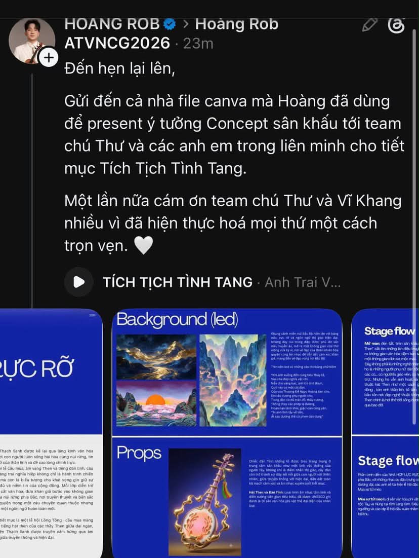 Trước đó, Hoàng Rob từng chia sẻ trên trang cá nhân bản thảo ý tưởng sân khấu mà anh sử dụng để trình bày concept với ê-kíp nhưng hiện tại đã ẩn đi 