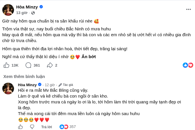 Chia sẻ của Hòa Minzy trên trang cá nhân