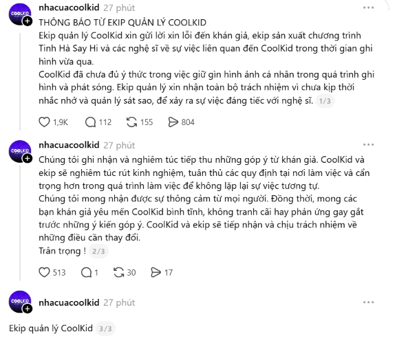 Thông báo từ ekip quản lý của CoolKid