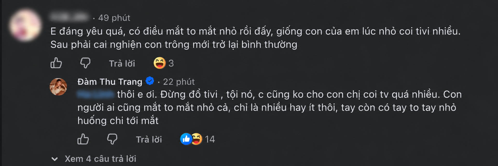 Đàm Thu Trang lên tiếng bênh vực khi con trai bị nhận xét mắt to mắt nhỏ vì xem tivi nhiều. Ảnh: Chụp màn hình