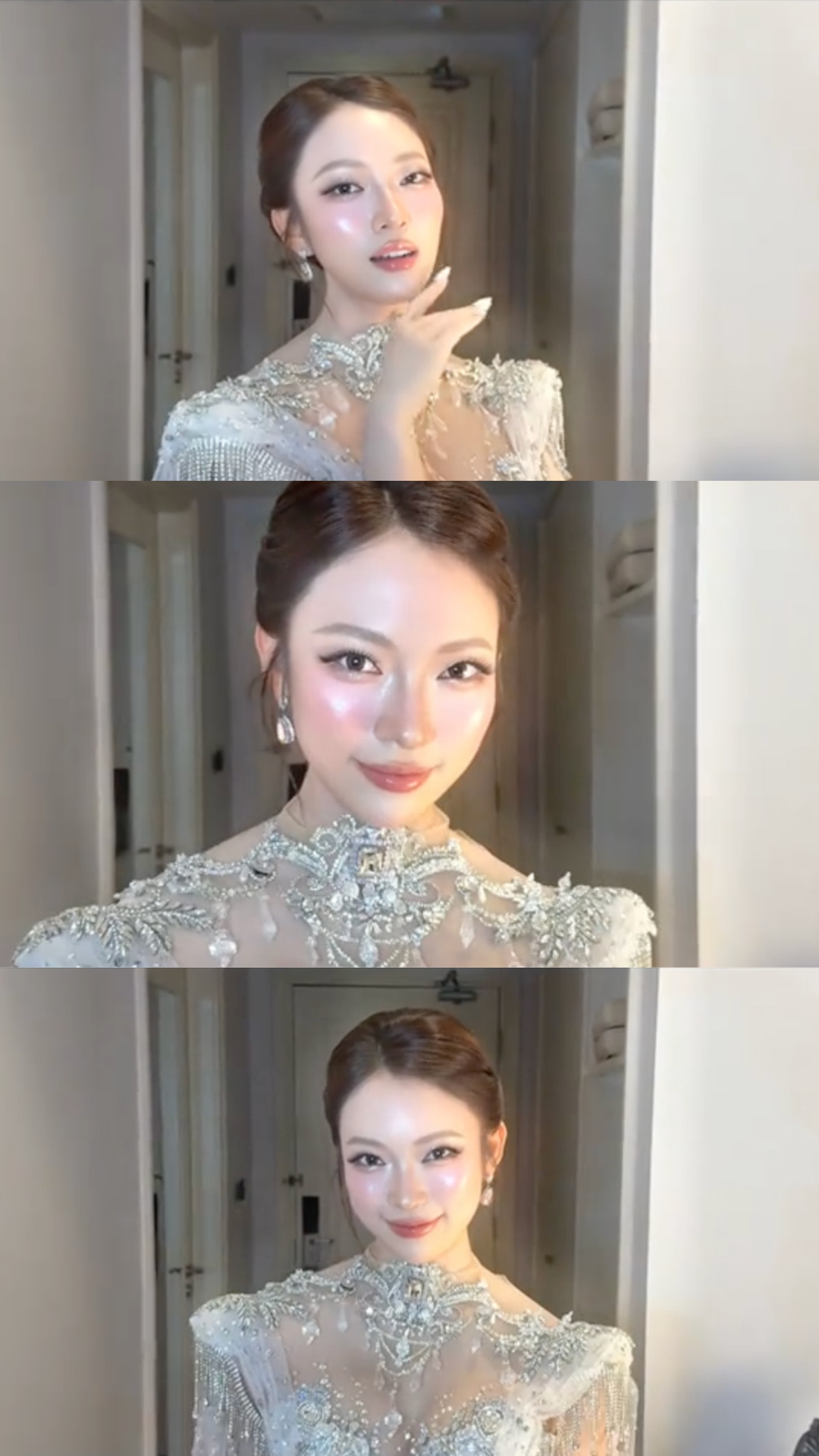 Lối trang điểm tông ấm kiêu kỳ tôn trọn đường nét thanh tú cùng làn da căng bóng mịn màng.