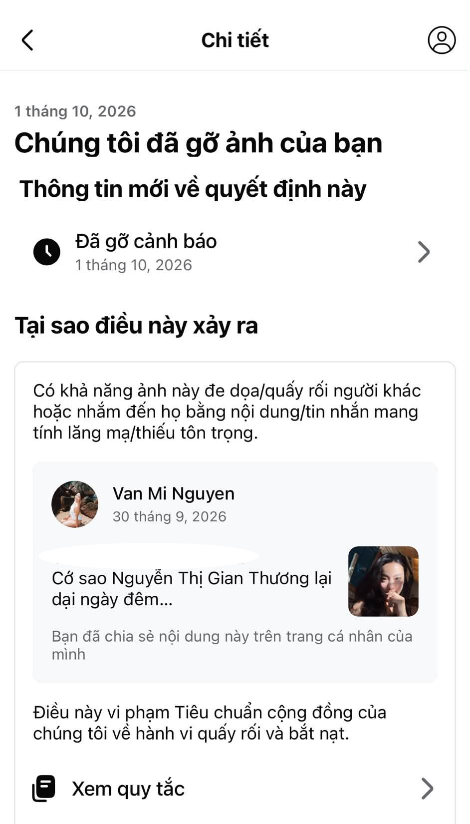 Mi Vân nói rằng bài đăng của mình bị report