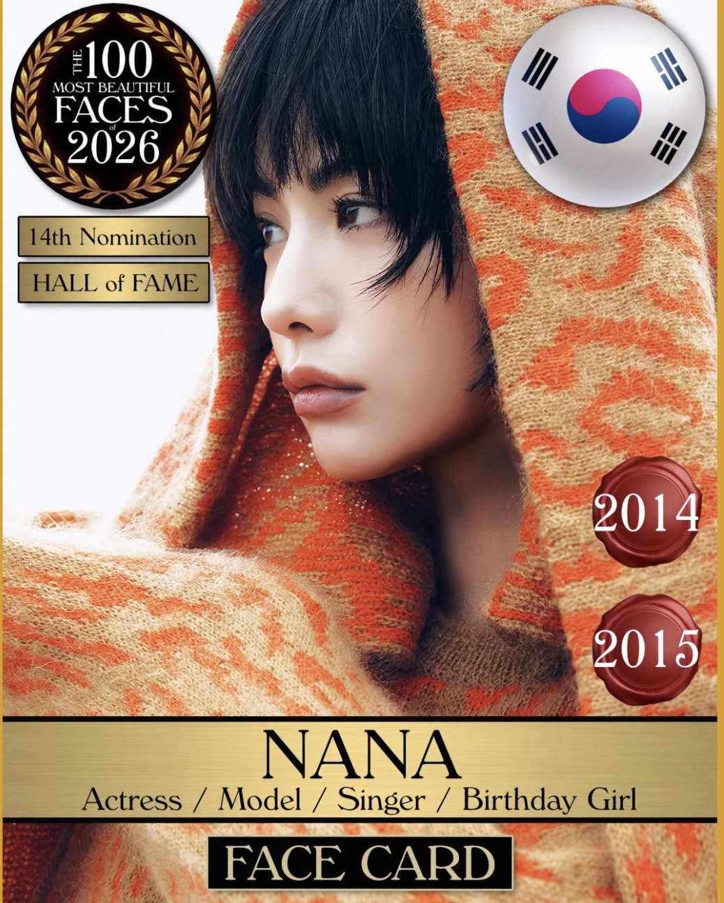 Nana từng 2 năm liên tiếp (2014, 2015) đứng đầu bảng xếp hạng 100 gương mặt đẹp nhất thế giới của TC Candler