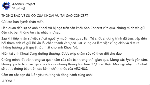Thông báo từ đại diện Aeonus và Khoai Vũ, cập nhật tình hình của nam ca sĩ sau sự cố