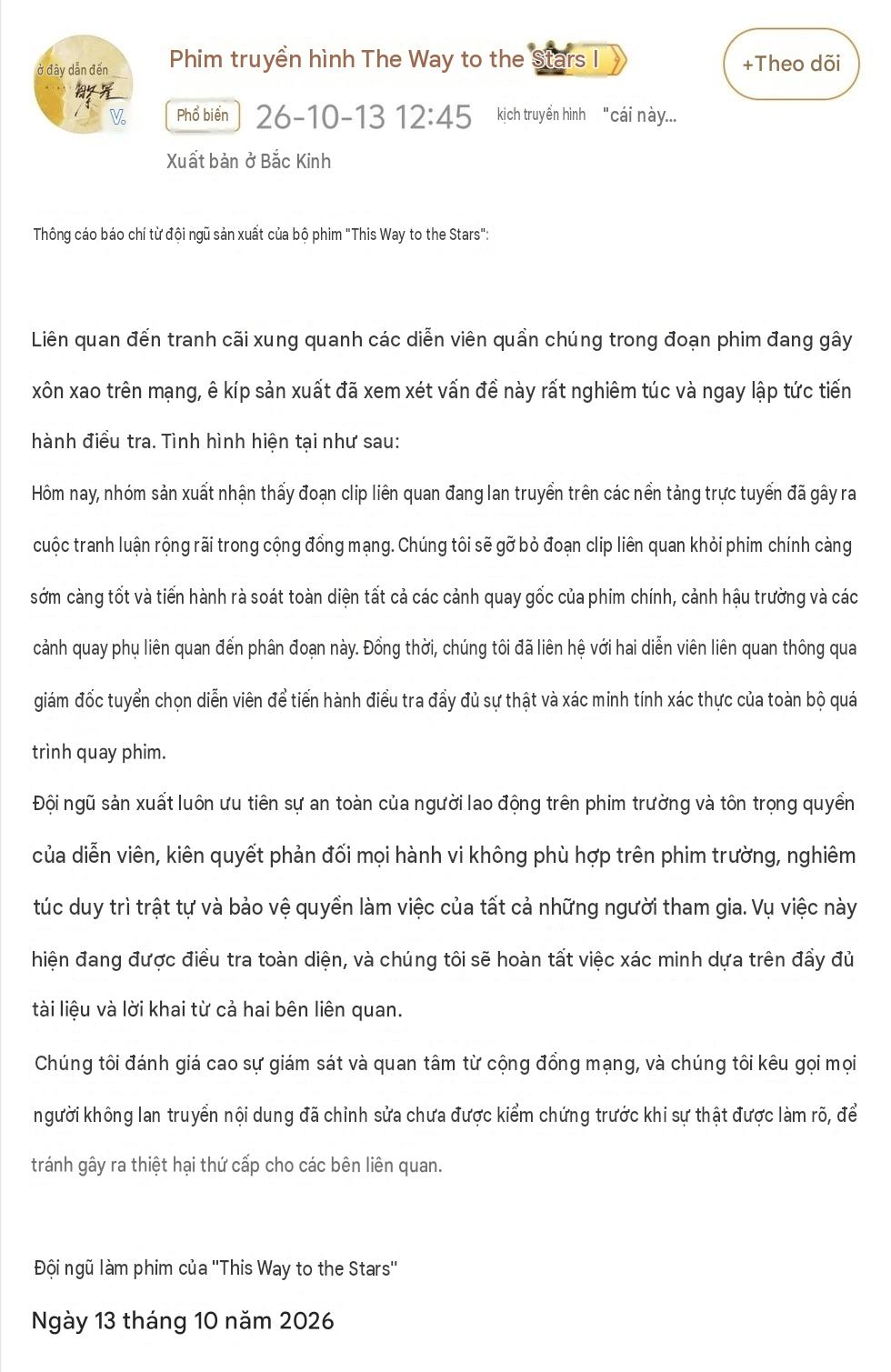 Bài đăng phản hồi từ đoàn phim
