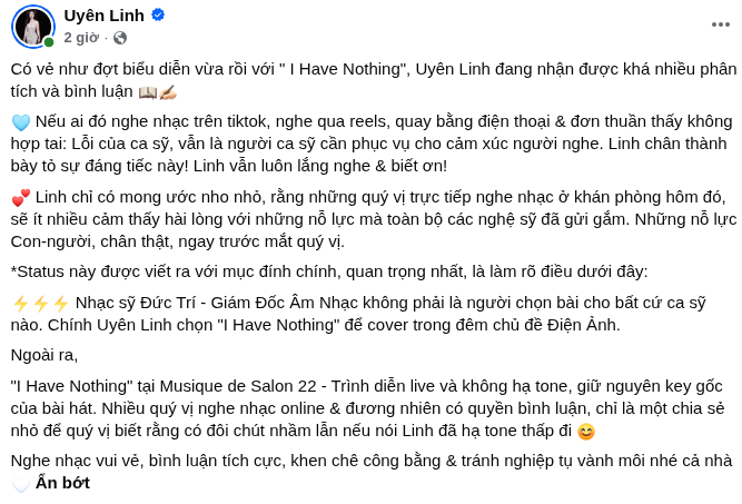Chia sẻ trên trang cá nhân của Uyên Linh đang nhận được nhiều sự quan tâm 