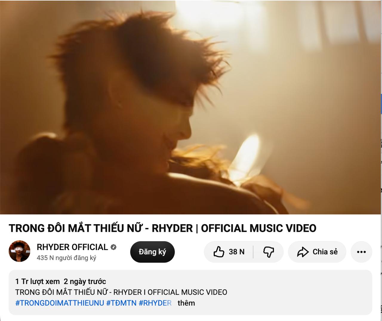 MV Trong Đôi Mắt Thiếu Nữ của RHYDER nhận được hơn 1 triệu lượt xem trên YouTube sau hơn hai ngày phát hành
