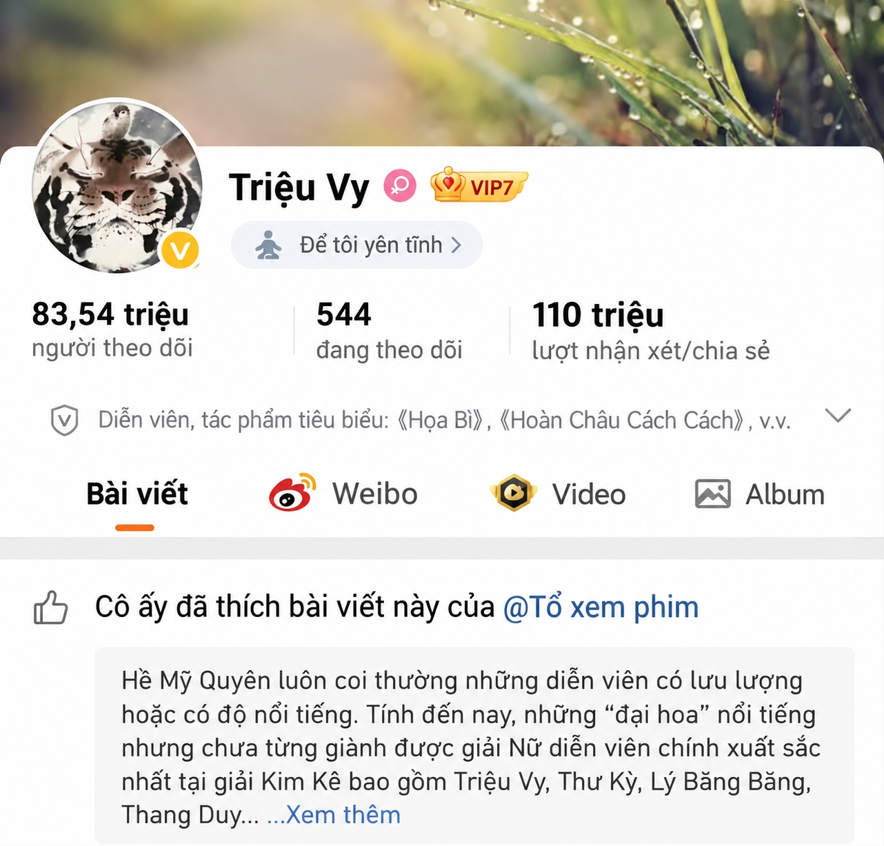 Triệu Vy bấm thích bài viết nói về việc Hề Mỹ Quyên coi thường những diễn viên có lưu lượng đang gây chú ý trên mạng xã hội.