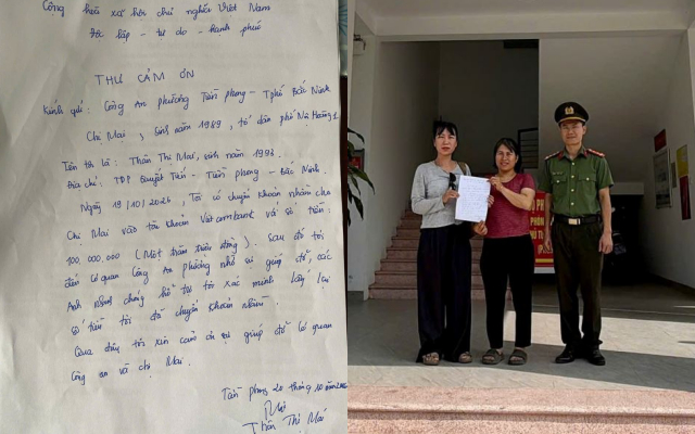 Chị Mai viết thư cảm ơn lực lượng chức năng đã hỗ trợ chị nhận lại 100 triệu đồng đã chuyển khoản nhầm