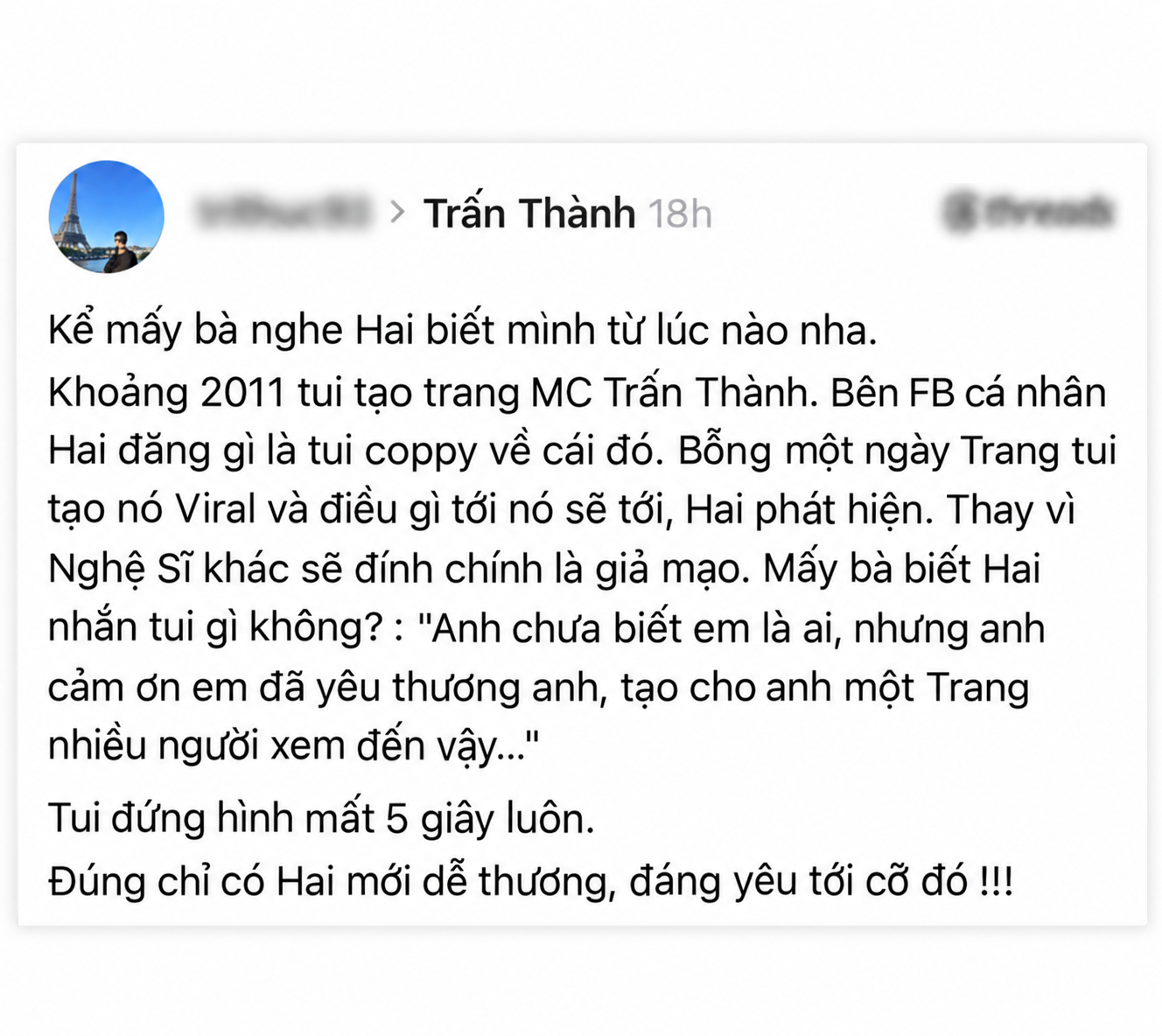 Một người hâm mộ lâu năm bất ngờ tiết lộ câu chuyện từng lập fanpage mang tên MC Trấn Thành từ năm 2011.