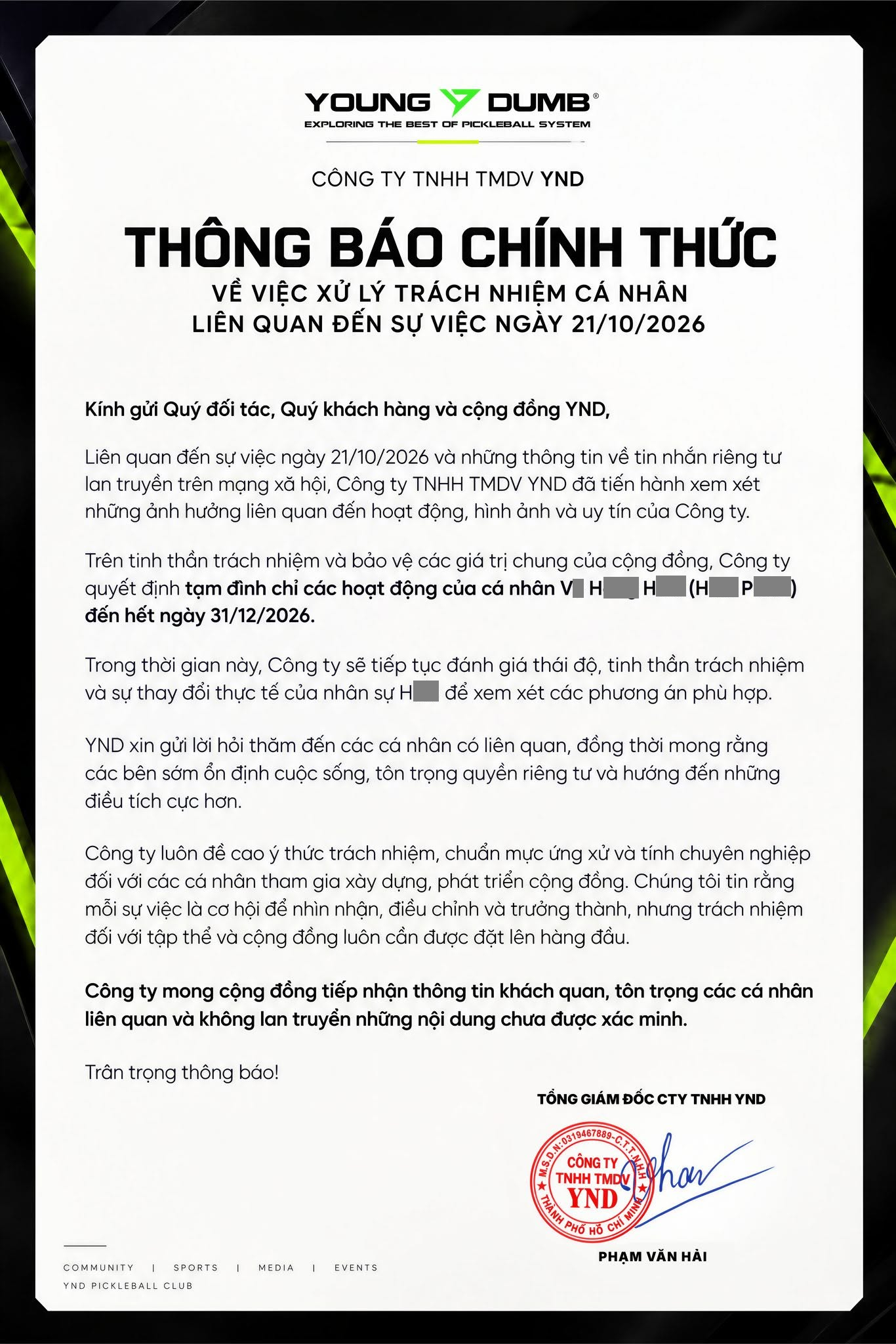 Trước đó, phía công ty thông báo đình chỉ hoạt động của KOL (Ảnh: YnD Pickleball Club)