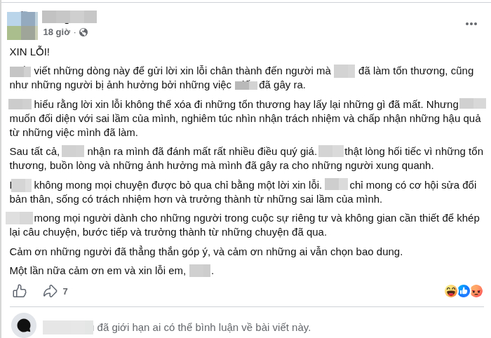 H. đăng tải bài viết xin lỗi trên trang cá nhân (Ảnh chụp màn hình)