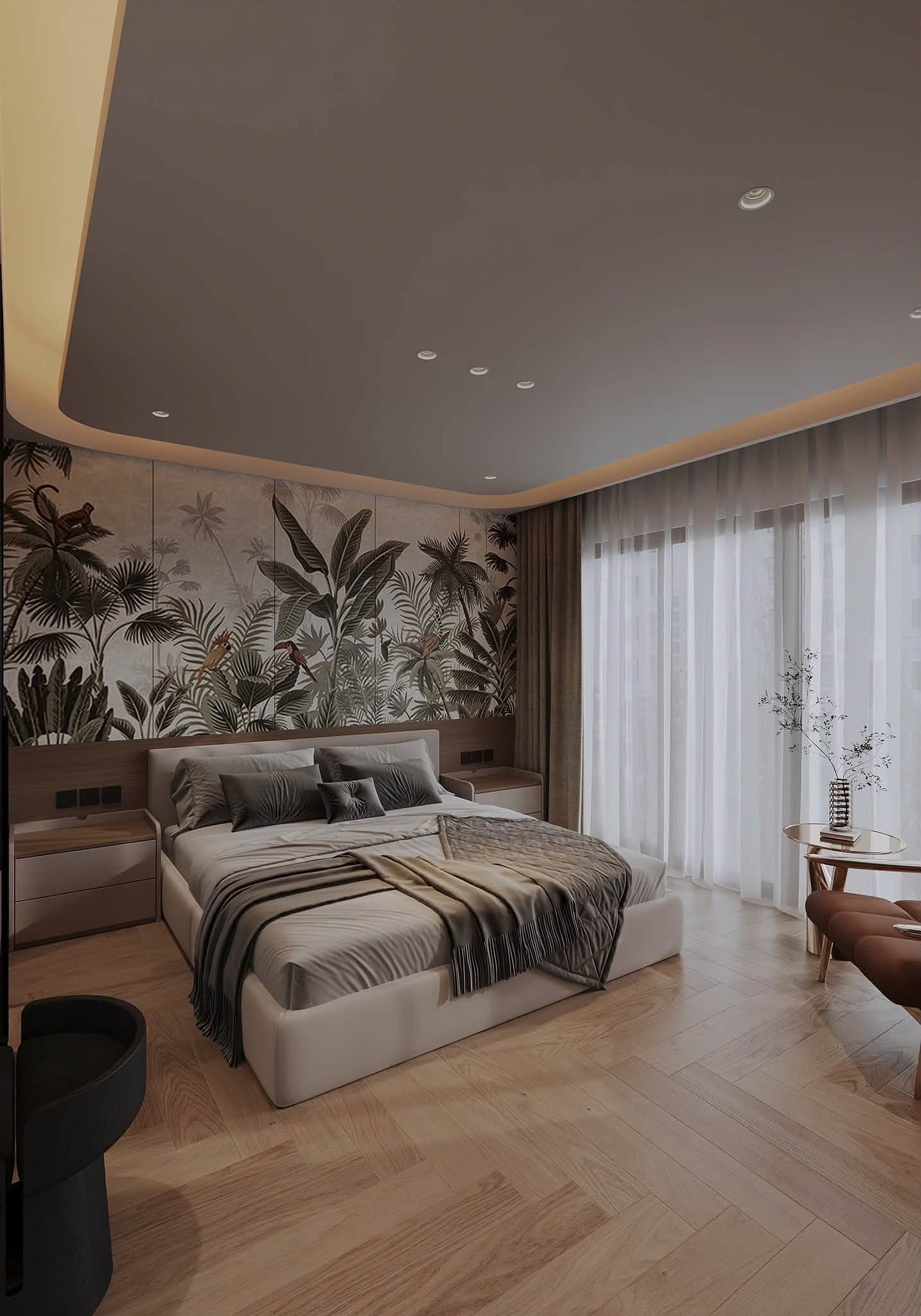 Không gian phòng ngủ gây ấn tượng với phần tường đầu giường nổi bật với họa tiết hoa lá