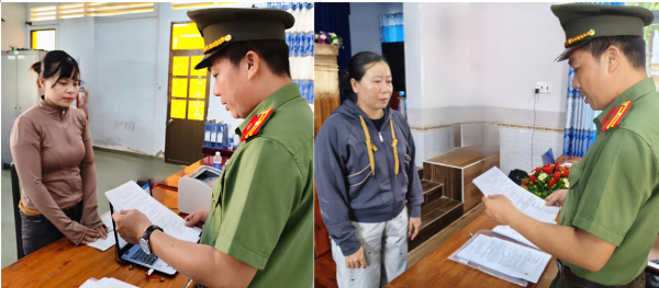 Cơ quan An ninh điều tra Công an tỉnh Cà Mau tống đạt quyết định khởi tố bị can Nguyễn Thị Ái My và Trương Thị Kim Tiên (từ trái qua phải). Ảnh: Công an Cà Mau.