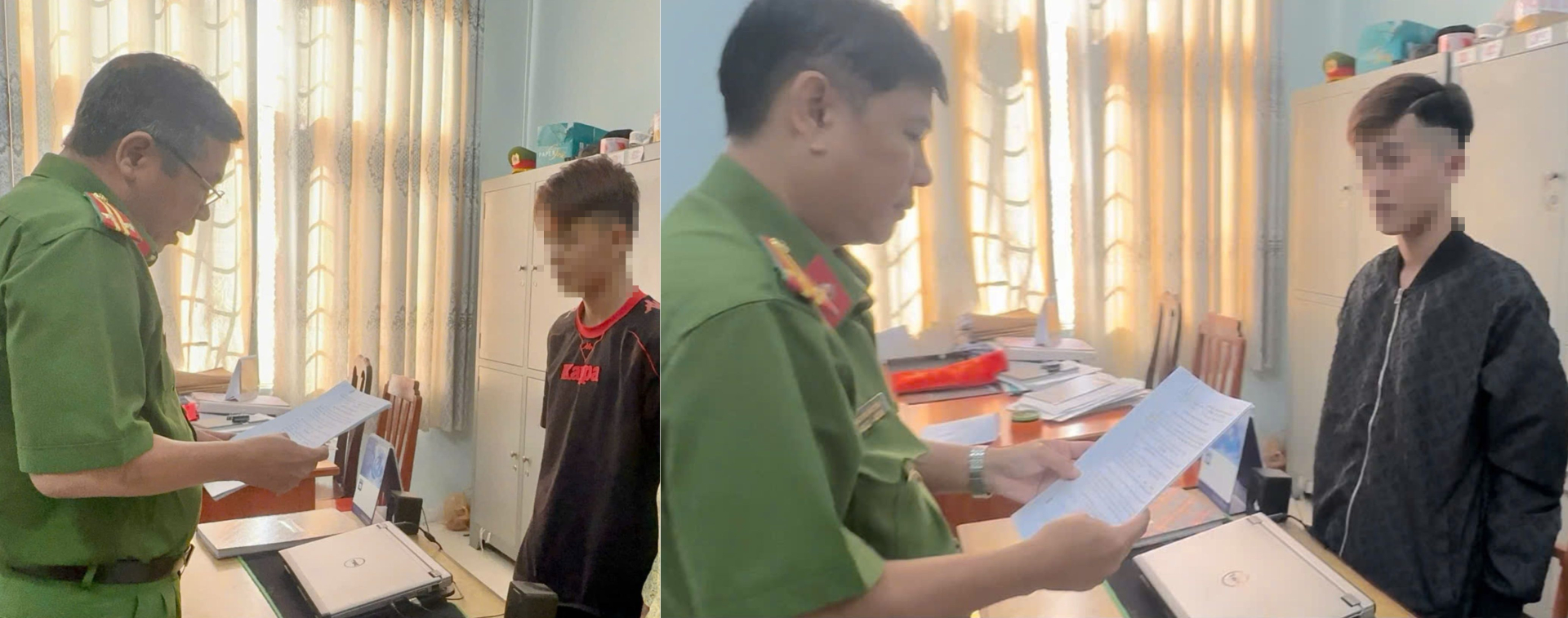 Cơ quan Cảnh sát điều tra Công an tỉnh tống đạt Quyết định khởi tố vụ án, khởi tố bị can và Lệnh bắt bị can để tạm giam đối với Phan Thái An và Nguyễn Anh Tài (từ trái qua) (Ảnh: Công an An Giang).