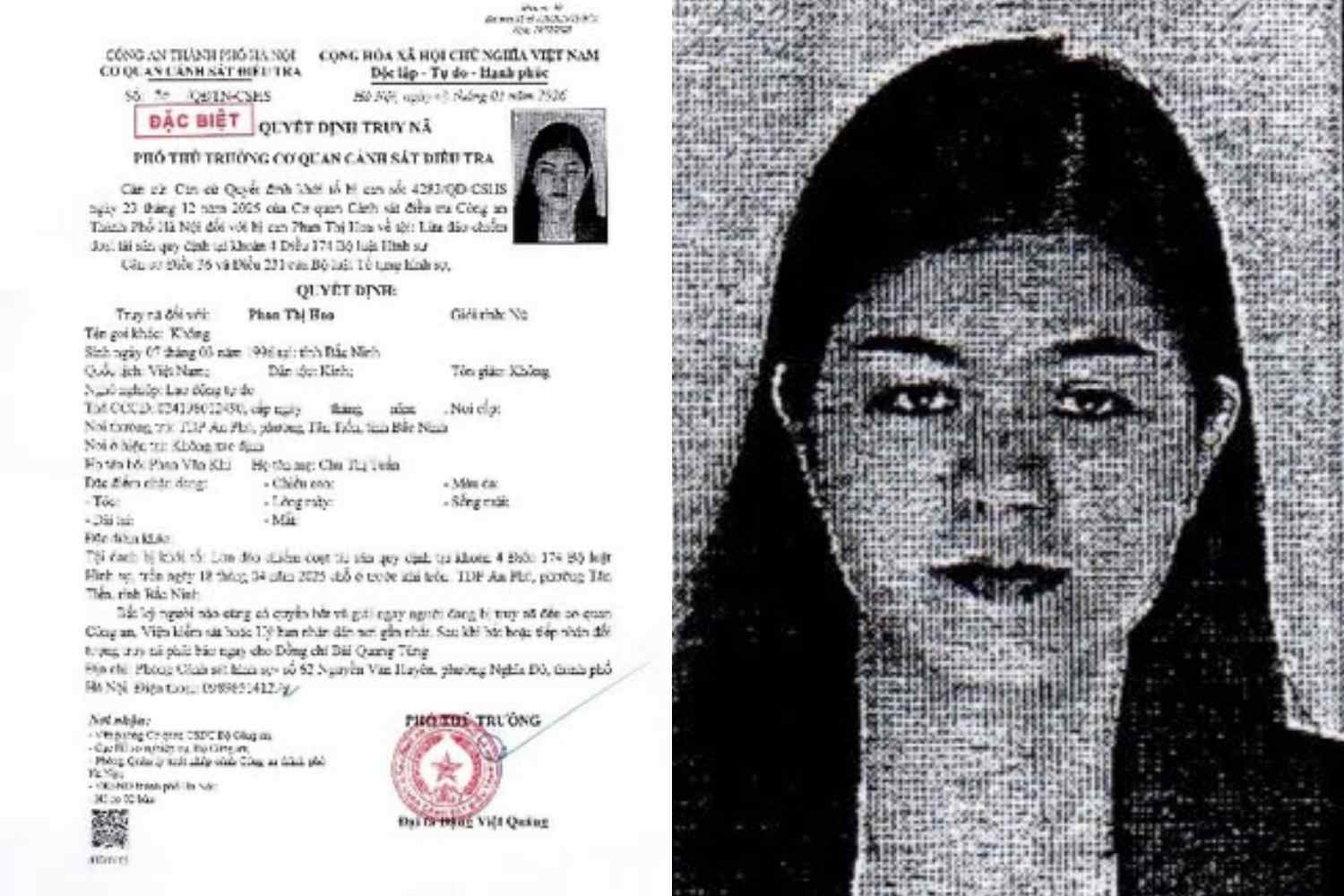 Quyết định truy nã Phan Thị Hoa - Ảnh: CA TP Hà Nội