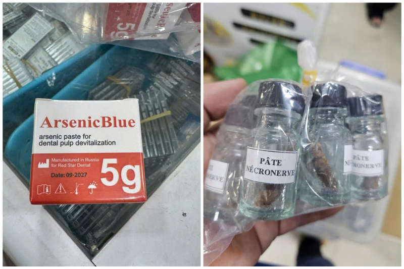 Các sản phẩm “Arsenic Blue 5g” và nhiều lọ sản phẩm “Pâte Nécronerve” - thường gọi là chất diệt tủy dùng trong nha khoa đều có chứa chất độc thạch tín trắng - Ảnh: CAND
