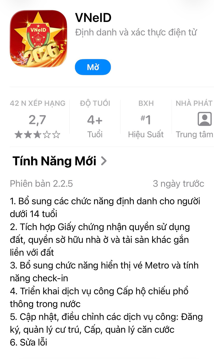Chi tiết bản cập nhật 2.2.5 của VNeID (Ảnh chụp màn hình).