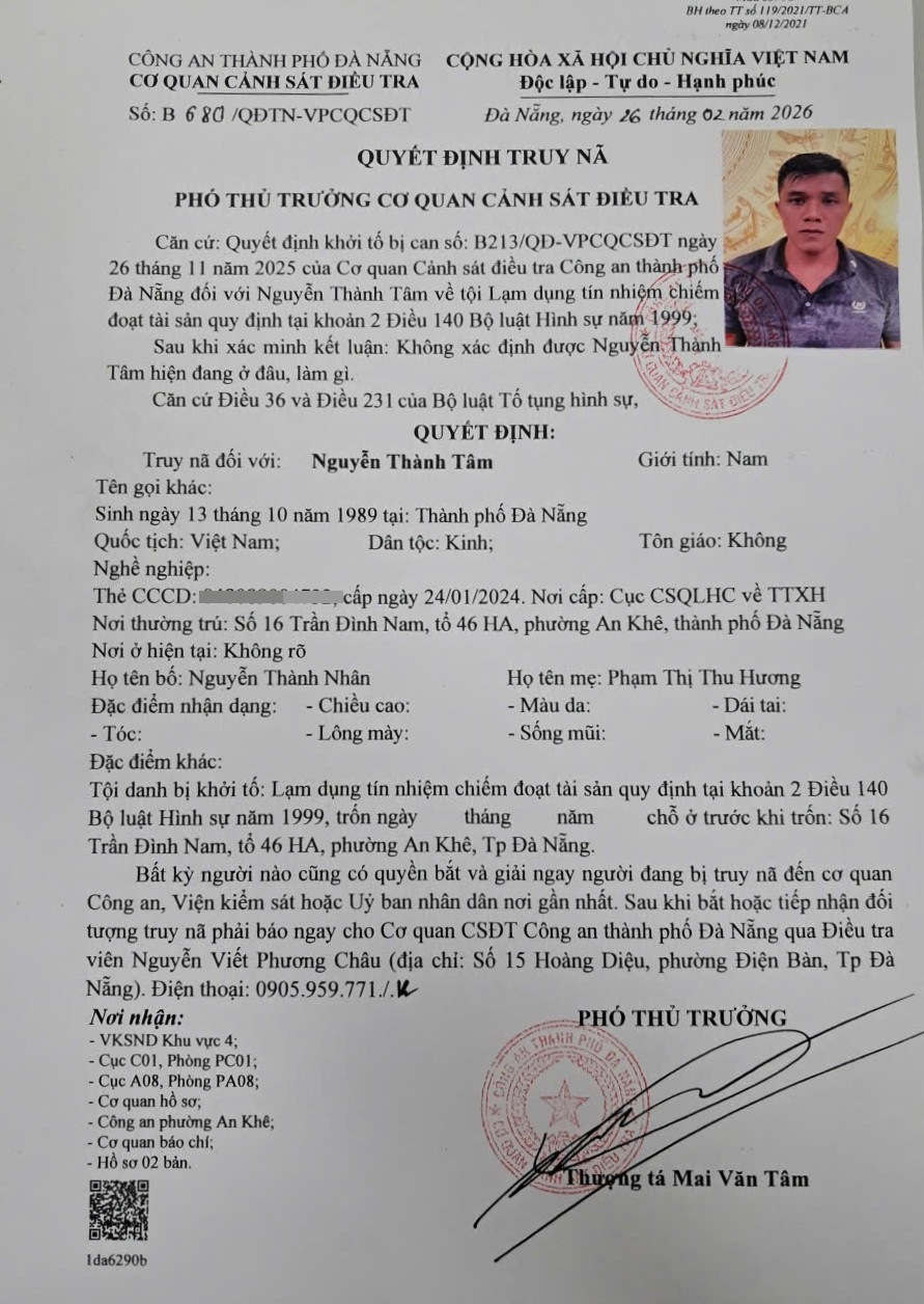 Quyết định truy nã đối tượng Nguyễn Thành Tâm - Ảnh: CA Đà Nẵng