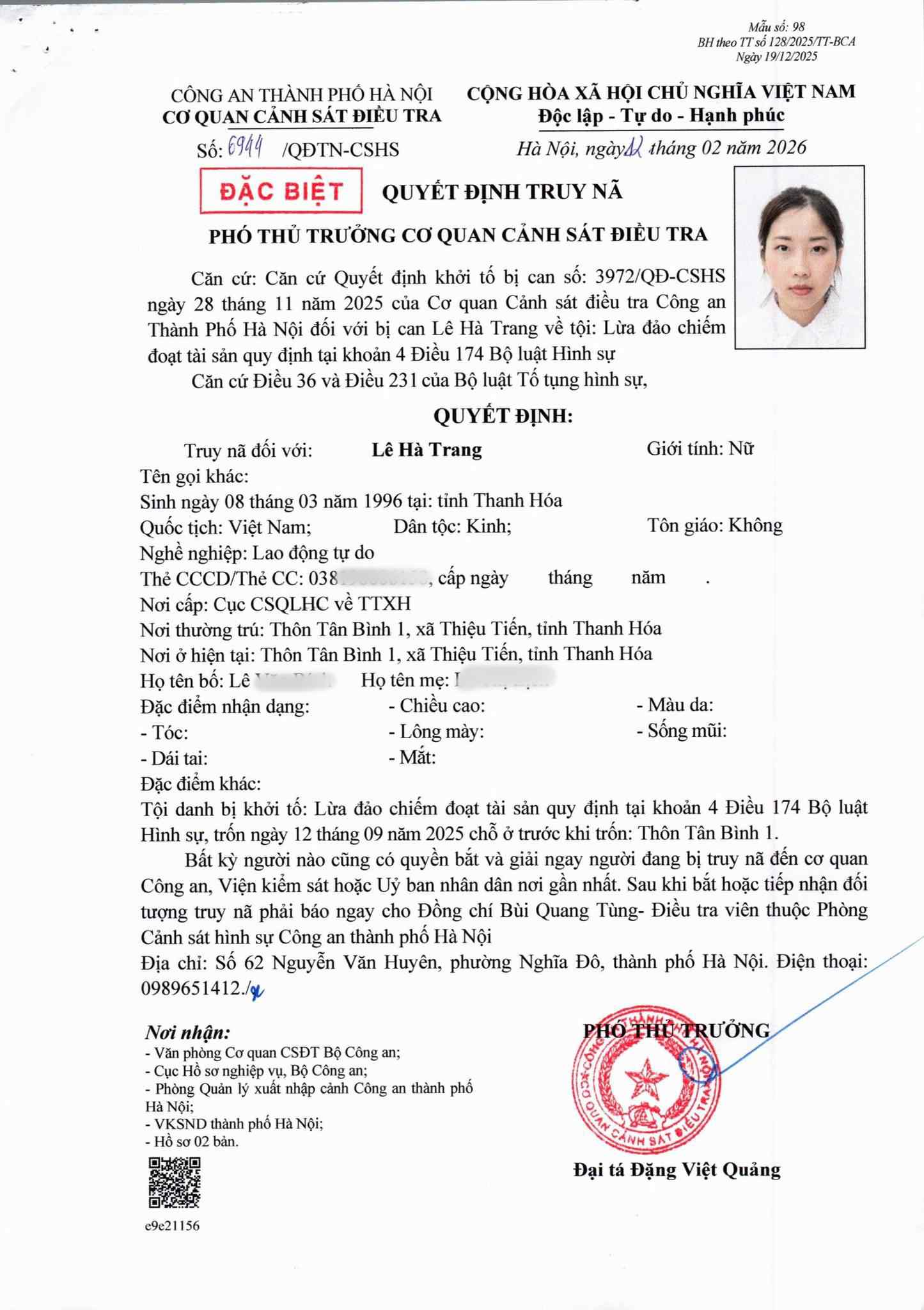 Quyết định truy nã đối tượng Lê Hà Trang - Ảnh: CA Hà Nội 