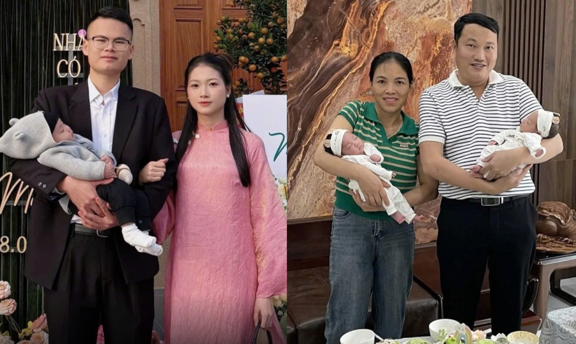 Vợ chồng chị Thuỷ (bên trái ảnh) và vợ chồng bà Hương (bên trái ảnh) bên các nhóc tỳ đáng yêu. (Ảnh: Tri thức - Znews)