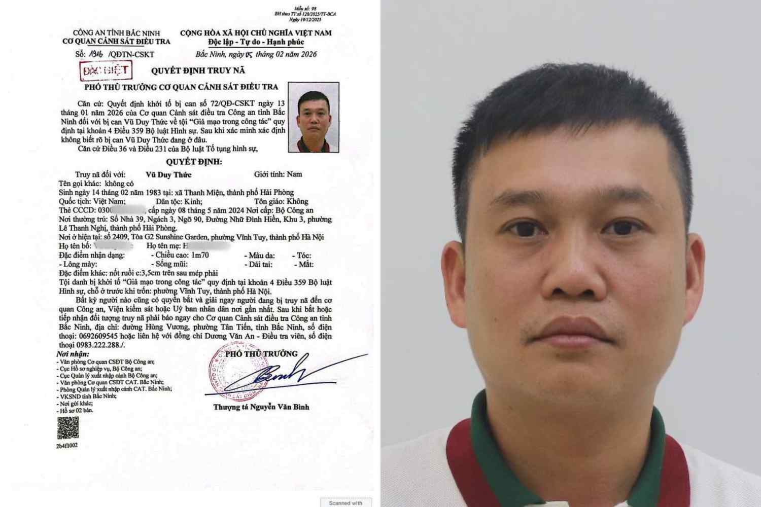Quyết định truy nã Vũ Duy Thức - Ảnh: Công an Bắc Ninh