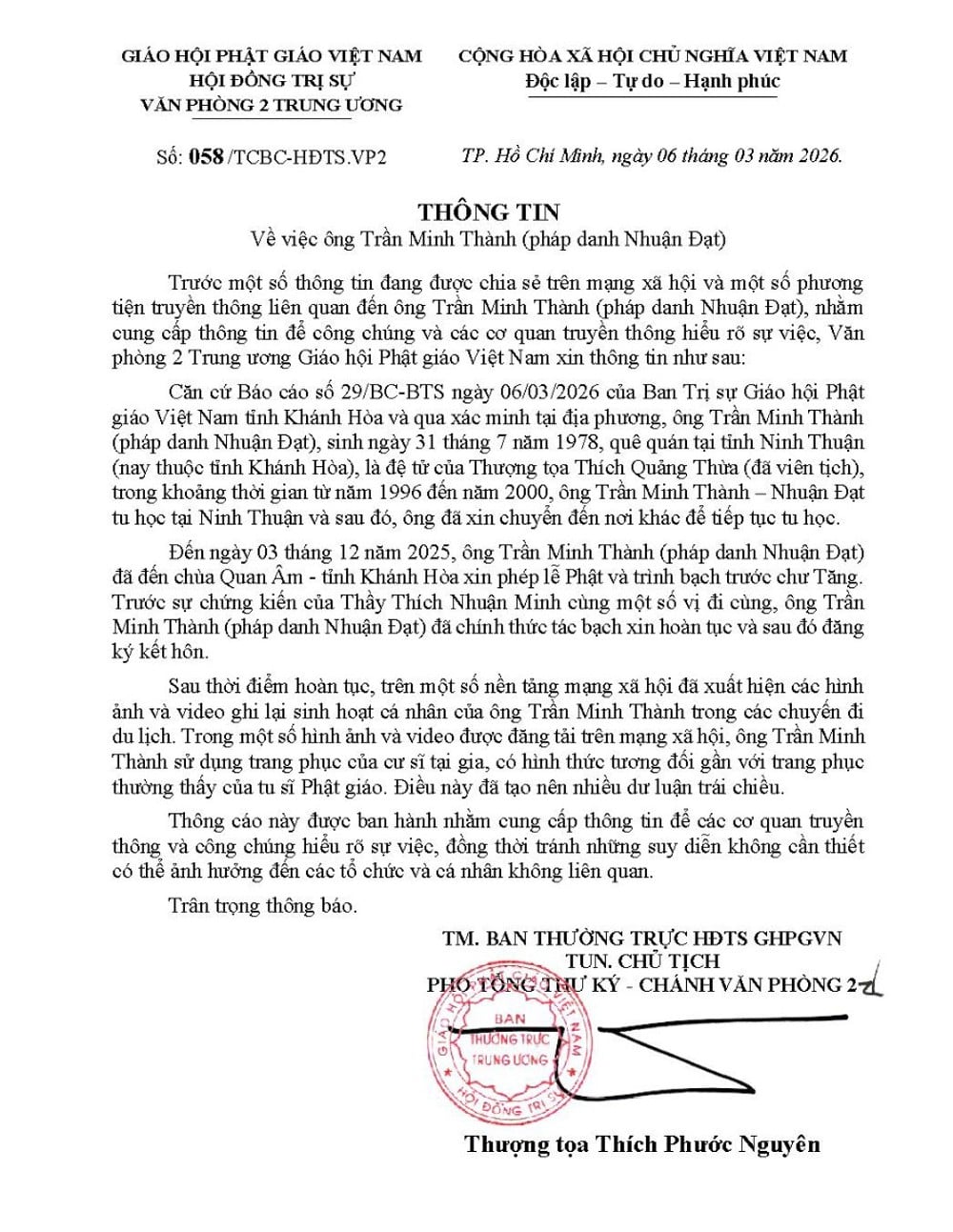 Toàn văn thông báo của Giáo hội Phật giáo