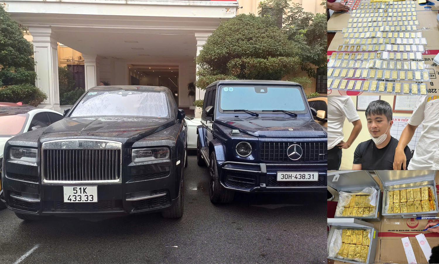 Số xe sang, vàng bị thu giữ và đối tượng Phó Đức Nam - Ảnh: Công an Hà Nội